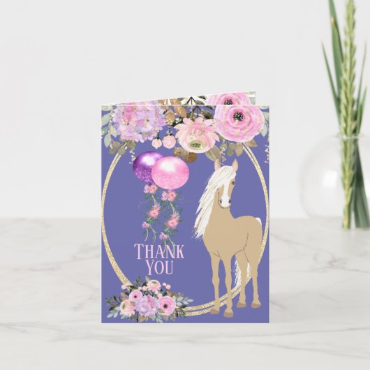  paard met bloemen roze en periwinkle bedankkaart (Voorkant)