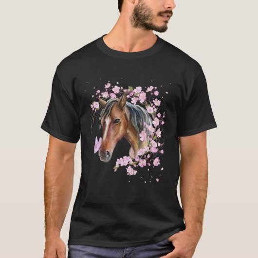 Paard met Cherry Blossoms Paard Bruin Paard Vloer T-shirt (Voorkant)