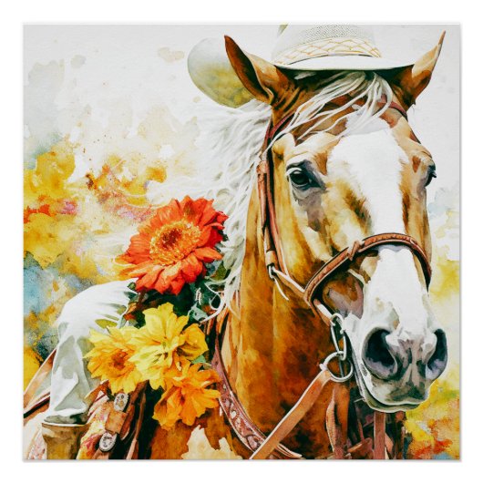  paard met cowgirl pet perfect poster (Voorkant)