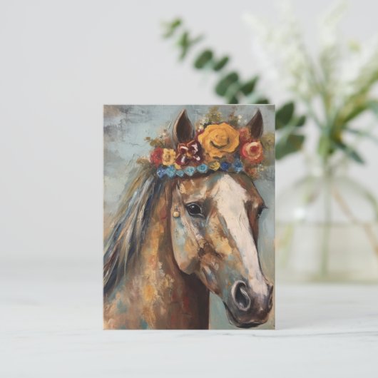 Paard met een bloemkroon briefkaart (Staand voorkant)
