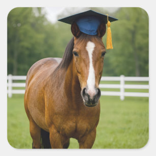 Paard met een marineblauwe afstudeerhoed vierkante sticker