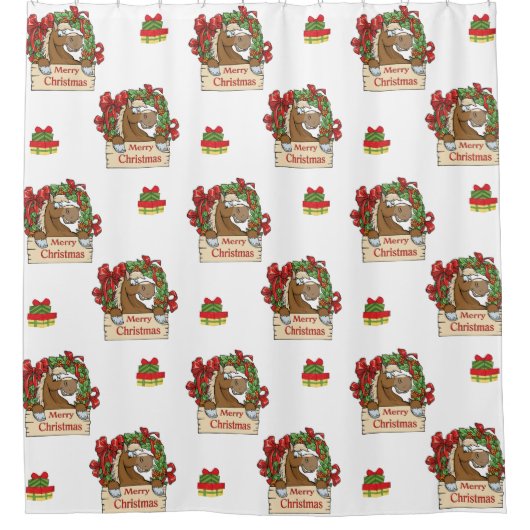 Paard met feestkrans en vrolijk kerstteken douchegordijn (Voorkant)