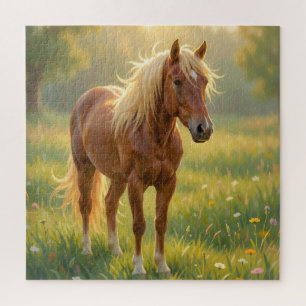 Paard Met Gouden Manen In Bloemenweide Legpuzzel