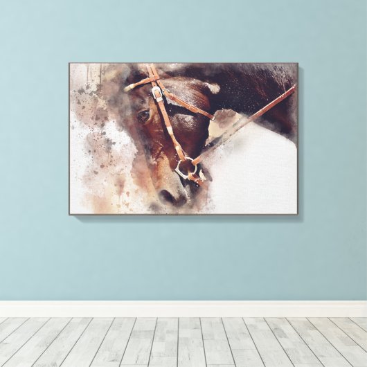 PAARD MET HARNAS. BRUIN PAARD HOOFD ILLUSTRATIE CANVAS AFDRUK (Insitu (Houten vloer))