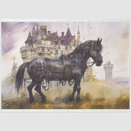 Paard met kasteel Steampunk 1 Decoupage papier (Voorkant)