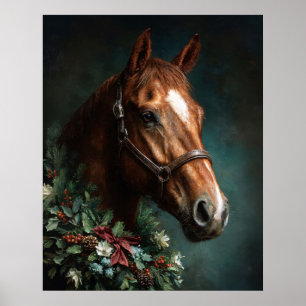 Paard met Kerstkrans en Rode Lint Poster