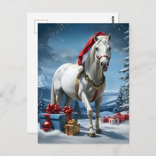 Paard met kerstmuts en kerstcadeaus briefkaart (Voorkant / Achterkant)