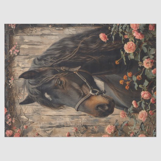 Paard met roze bloemen Decoupage Tissuepapier (Voorkant)