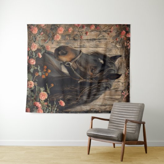 Paard met roze bloemen Decoupage Wandkleed (In Situ (horizontaal))
