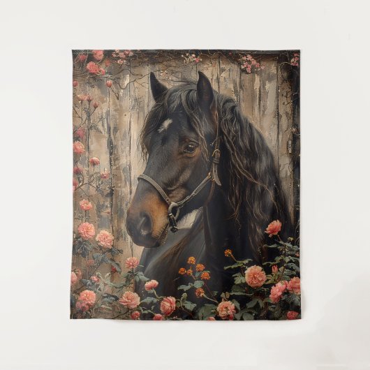 Paard met roze bloemen Decoupage Wandkleed (Voorkant)