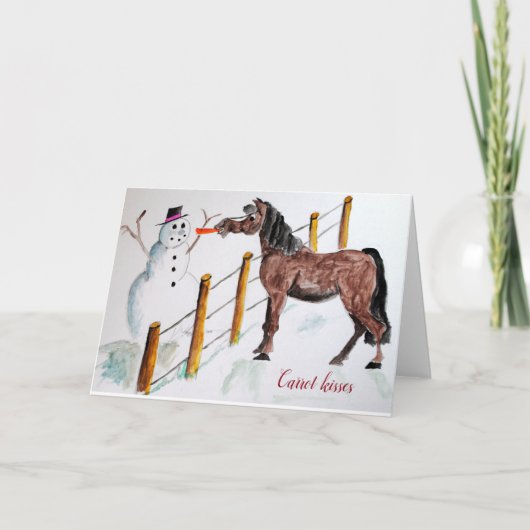 paard met sneeuwpop feestdagen kaart (Voorkant)