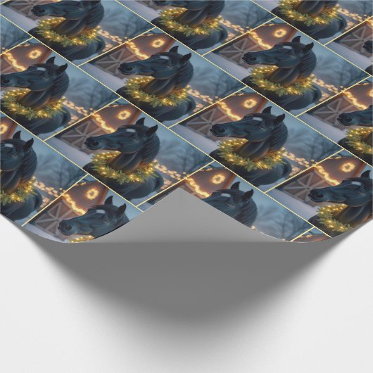 Paard met verlichte kerstkrans cadeaupapier (Hoek)