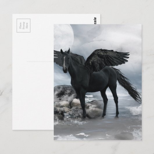 paard met zwarte Pegasus Briefkaart (Voorkant / Achterkant)