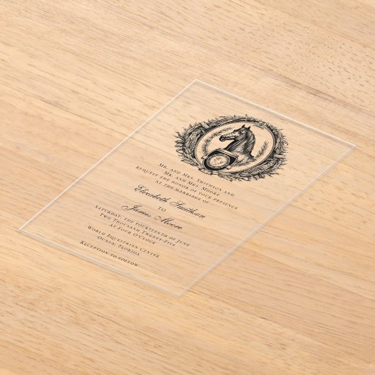 Paard Monogram Elegante Equestriale Trouw Transpar Acryl Uitnodigingen (Laagn)