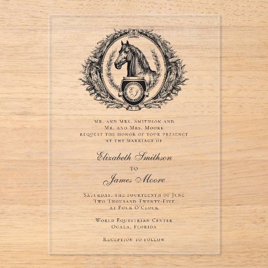 Paard Monogram Elegante Equestriale Trouw Transpar Acryl Uitnodigingen (Voorkant)