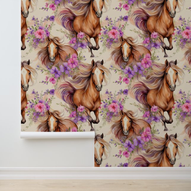 Paard Mooie Manen Roze Paarse Bloemen Meisjes Behang (Applicatie)