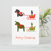 Paard Muilezel Kat Sleighrit in groen en rood Feestdagenkaart (Staand voorkant)