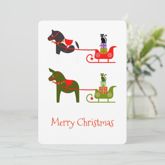 Paard Muilezel Kat Sleighrit in groen en rood Feestdagenkaart (Staand voorkant)