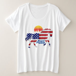 Paard Mustang Super Power -Amerikaanse vlag Design Grote Maat T-shirt