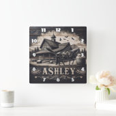 Paard nabij  schuur met bergen vierkante klok (Huis)