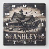 Paard nabij  schuur met bergen vierkante klok (Voorkant)