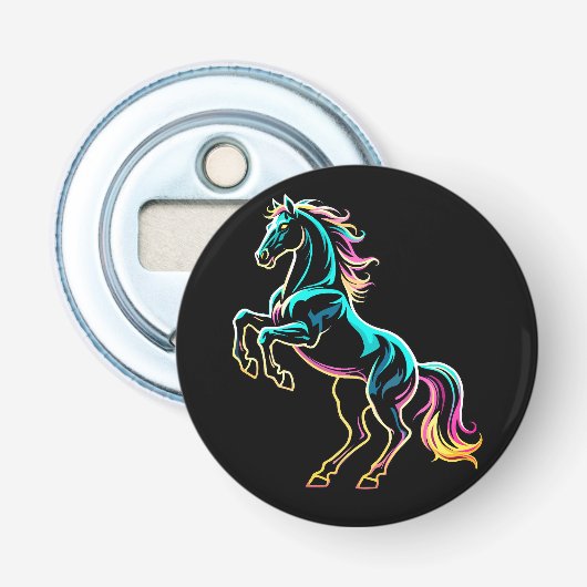 Paard Neon Licht Storing Retro Stijl Button Flesopener (Voorkant)