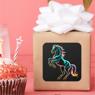 Paard Neon Licht Storing Retro Stijl Vierkante Sticker