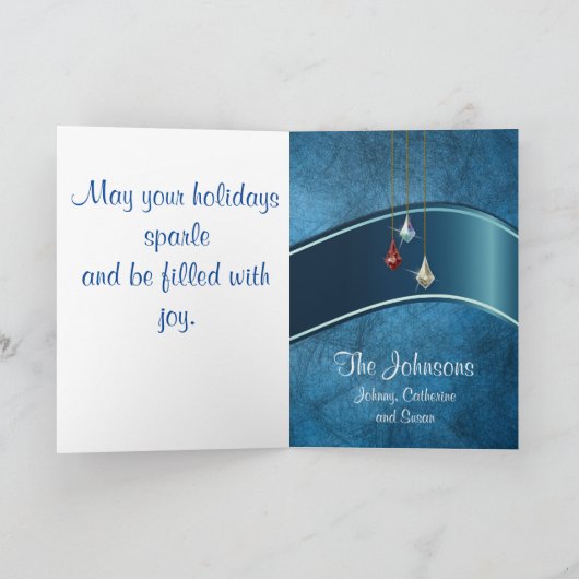 Paard op blauw met lint Vrolijk Kerstfeest Kaart 2 (Binnen)