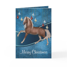 Paard op blauw met lint Vrolijk Kerstfeest Kaart 2