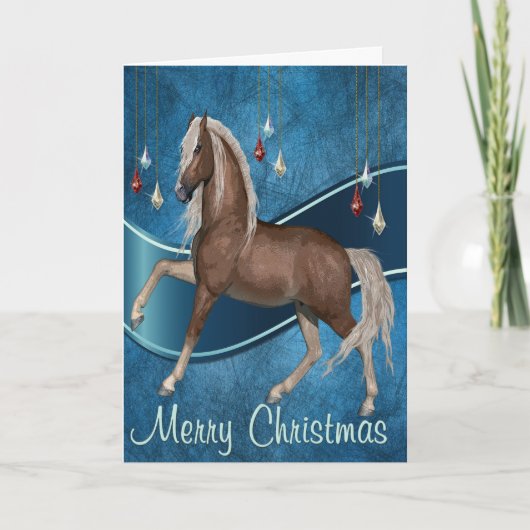 Paard op blauw met lint Vrolijke kerst Kaart (Voorkant)