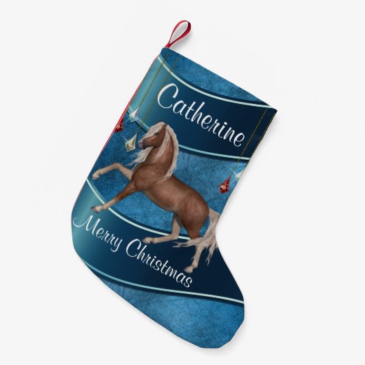 Paard op blauw met Ornamenten Vrolijk kerstfeest Kleine Kerstsok (Voorkant (Hangend))