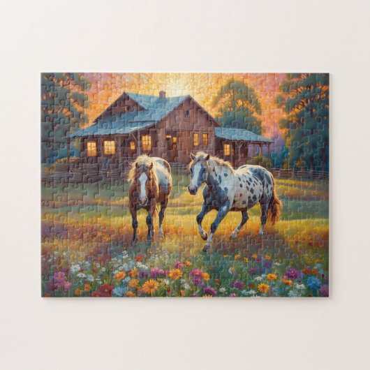 Paard op boerderij wilde bloemenweide legpuzzel (Horizontaal)