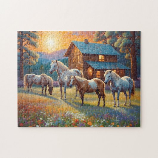 Paard op boerderij wilde bloemenweide legpuzzel (Horizontaal)