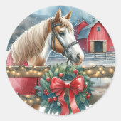 Paard op een Boerderij Kerst Ronde Sticker (Voorkant)