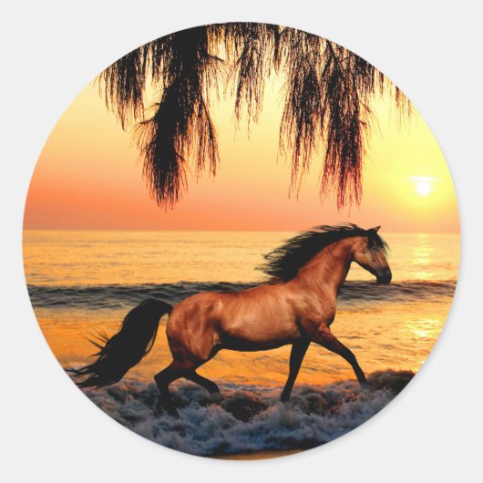 Paard op het strand bij zonsondergang ronde sticker (Voorkant)