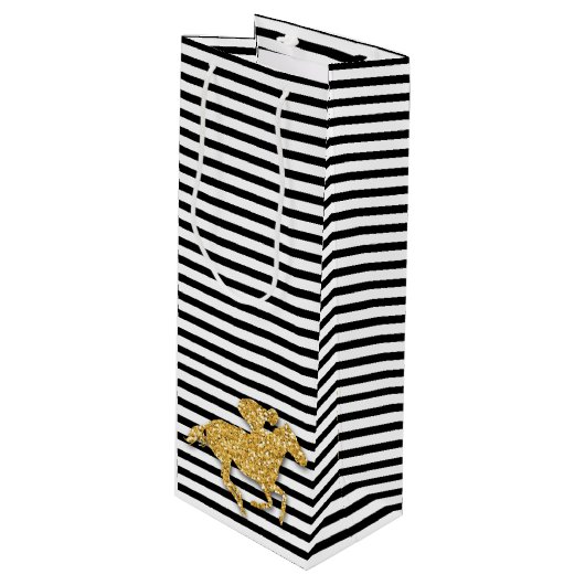 Paard op zwart-wit gestreept wijn cadeautas (Voorkant Gekanteld)