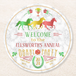 Paard Racing Derby Day Party Kleurrijk Marmer Ronde Kartonnen Onderzetter