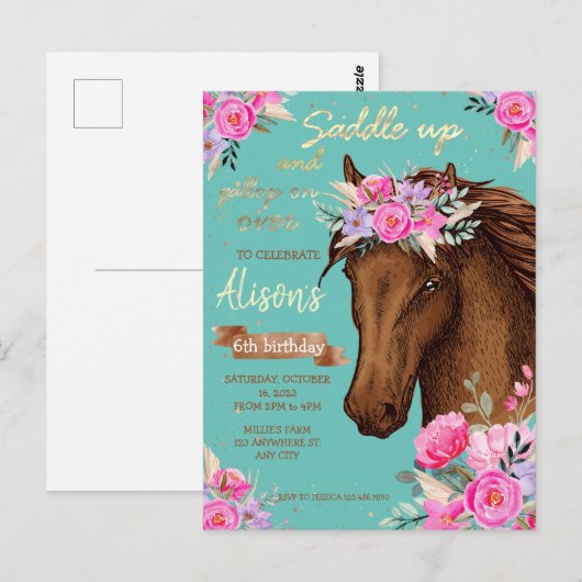 Paard Roze Bloem Verjaardag Briefkaart (Voorkant / Achterkant)