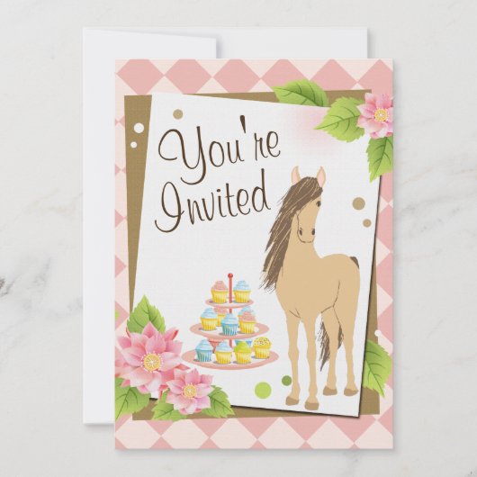  paard, roze bloemen en cupcakes verjaardag kaart (Voorkant)