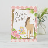 paard, roze bloemen en cupcakes verjaardag kaart (Staand voorkant)