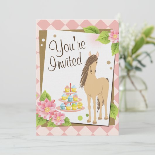 paard, roze bloemen en cupcakes verjaardag kaart (Staand voorkant)
