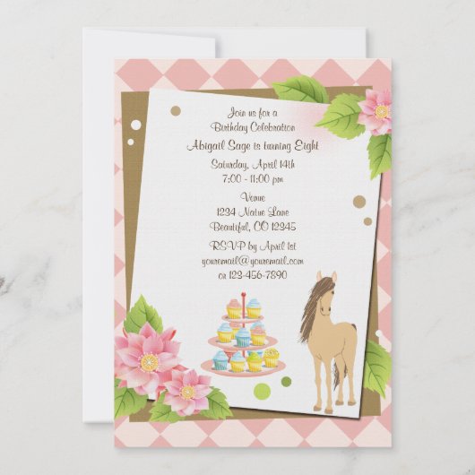 paard, roze bloemen en cupcakes verjaardag kaart (Achterkant)