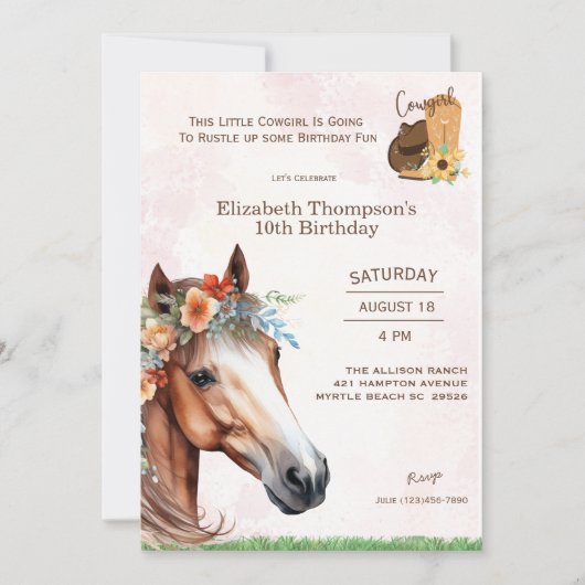 Paard Roze Bloemen Verjaardag Uitnodiging (Voorkant)