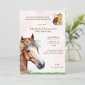 Paard Roze Bloemen Verjaardag Uitnodiging (Staand voorkant)