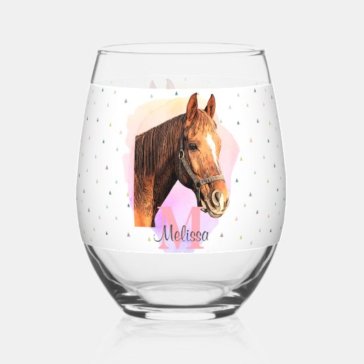 Paard Ruitersport Dier Monogram Patroon Roze Wijnglas Zonder Voet (Voorkant)