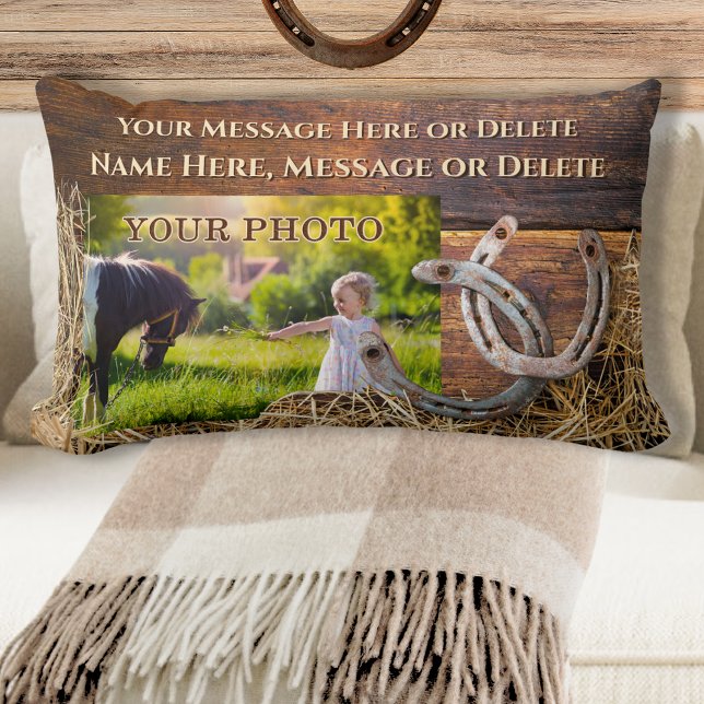 Paard Sierkussen, rustiek gepersonaliseerd, Hoefij Kussen (Photo and Personalized, Horse Throw Pillow. Horseshoe Lumbar Pillow. Great, Horse Remembrance Gifts.)