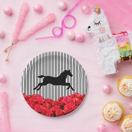 Paard Silhouet Rode Rozen Zwarte Strepen Derby Papieren Bordje (Feest)