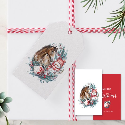 Paard sneeuwman Kerst waterverf elegant Cadeaulabel