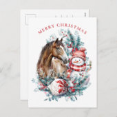 Paard sneeuwman Kerst waterverf elegant Feestdagenkaart (Voorkant / Achterkant)