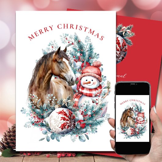 Paard sneeuwman Kerst waterverf elegant Feestdagenkaart